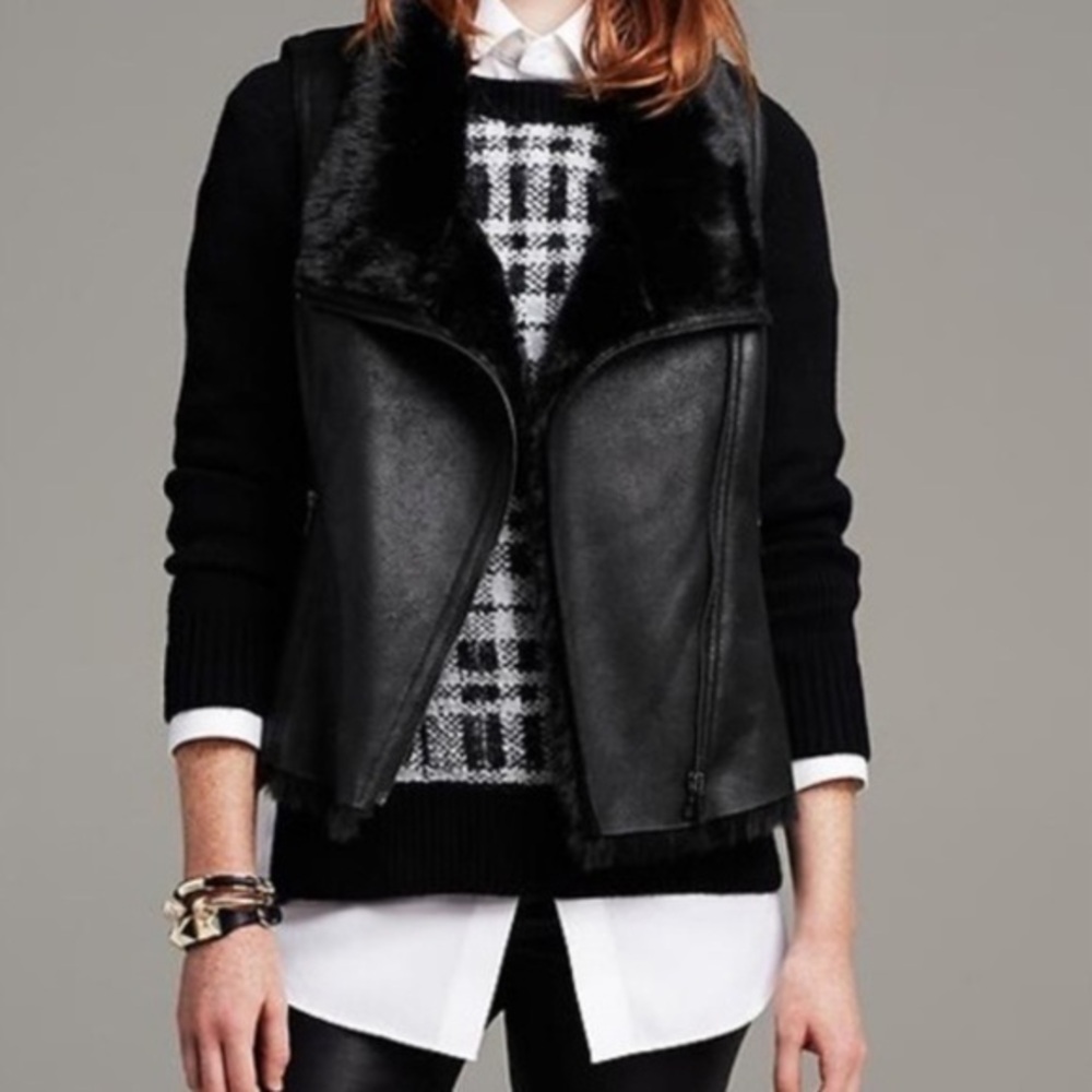 *NEW* Banana Republic Multi Zip Moto Faux Shearling Vest Coat, black, size S